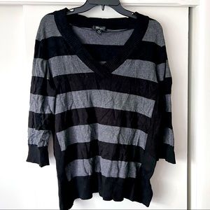 Black and charcoal striped V-neck sweater three-quarter sleeves